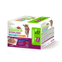 Natural Trainer Cat Multipack Sterilised Adult, vrečka - puran, trska - 12 x 85 g